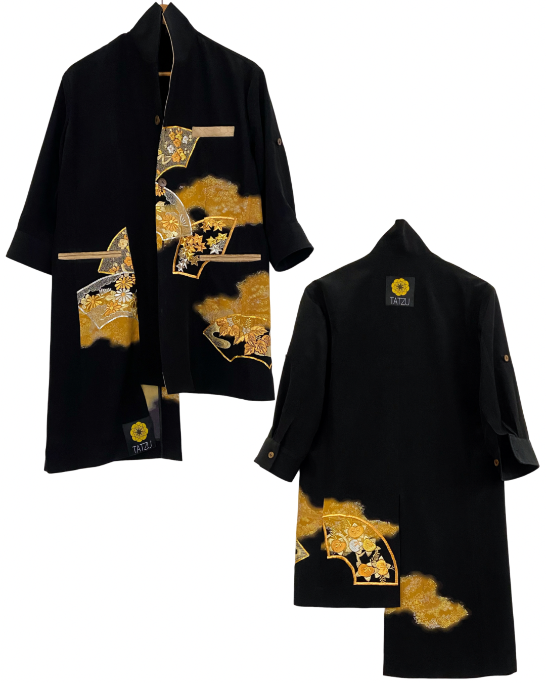 TATZU Remade Black Tomesode Kimono Stand Collar Asymmetry Long Jacket|Golden Fan Horizon