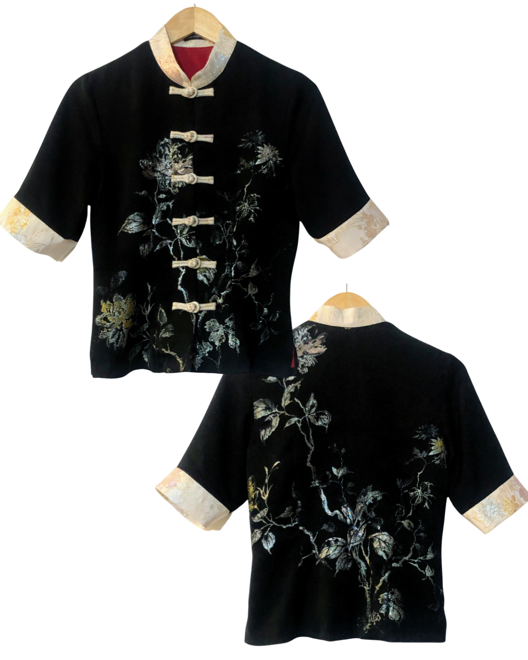 TATZU 着物リメイク スタンドカラー チャイニーズボタン シャツ|Silver Nocturne Botanica / Remade Kimono Stand Collar Chinese Button Shirt