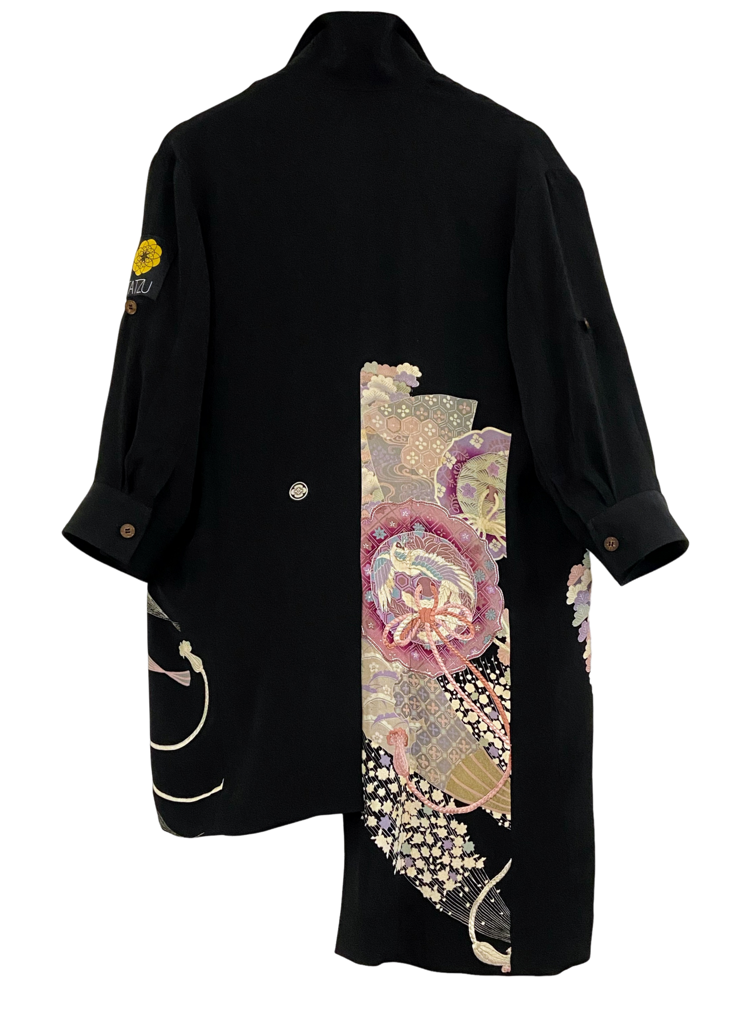 TATZU Remade Black Tomesode Kimono Stand Collar Asymmetry Long Jacket|Velvet Bloom Obsidian