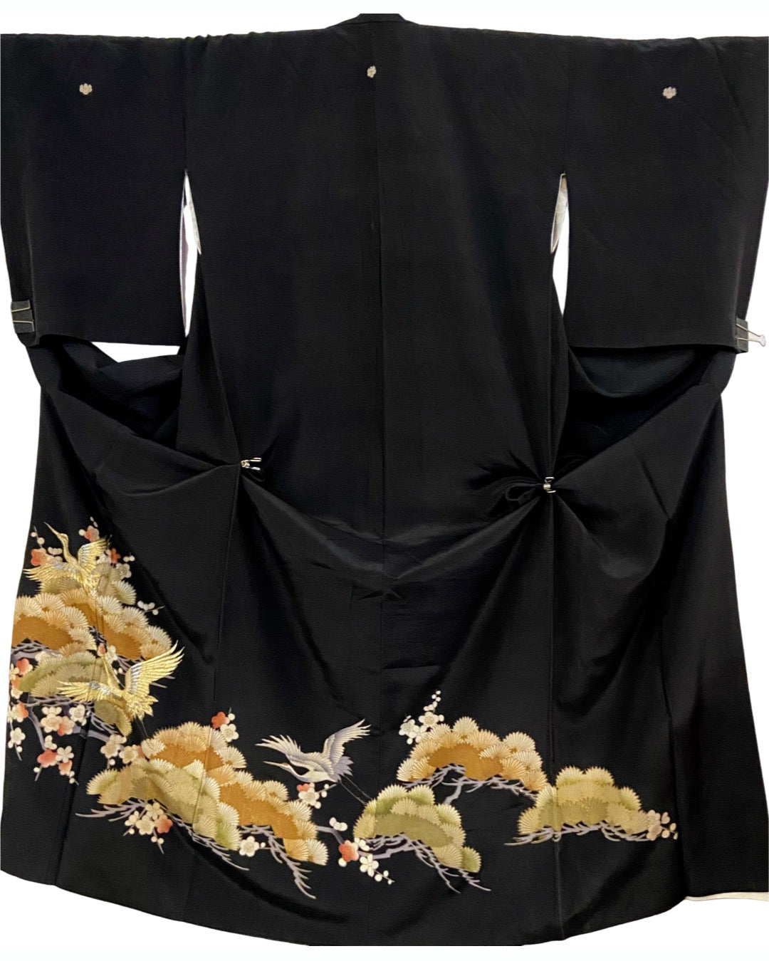 TATZU Remade Black Tomesode Kimono Asymmetry Draped Layered Skirt with Inner Pants|Golden Crane Pine