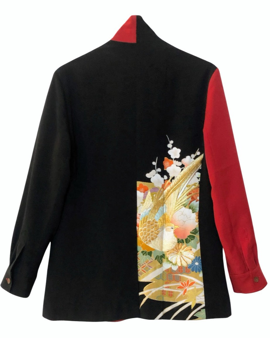 TATZU Remade Black Tomesode Kimono Notch Lapel Collar Bi-color Jacket|Scarlet Kurohana Contrast