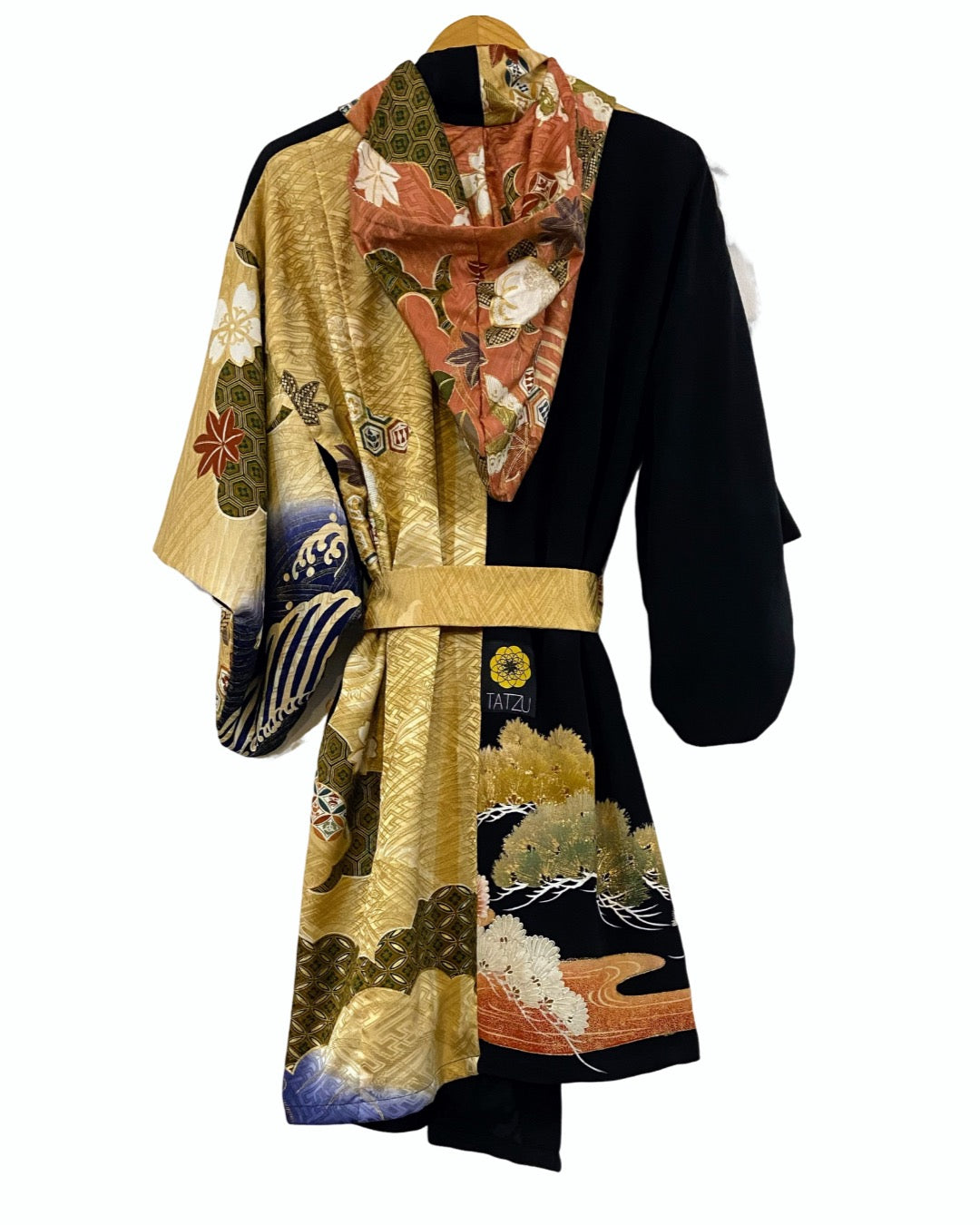 TATZU Remade Black Tomesode Kimono Asymmetry Gown Hoodie|Imperial Gold Crane