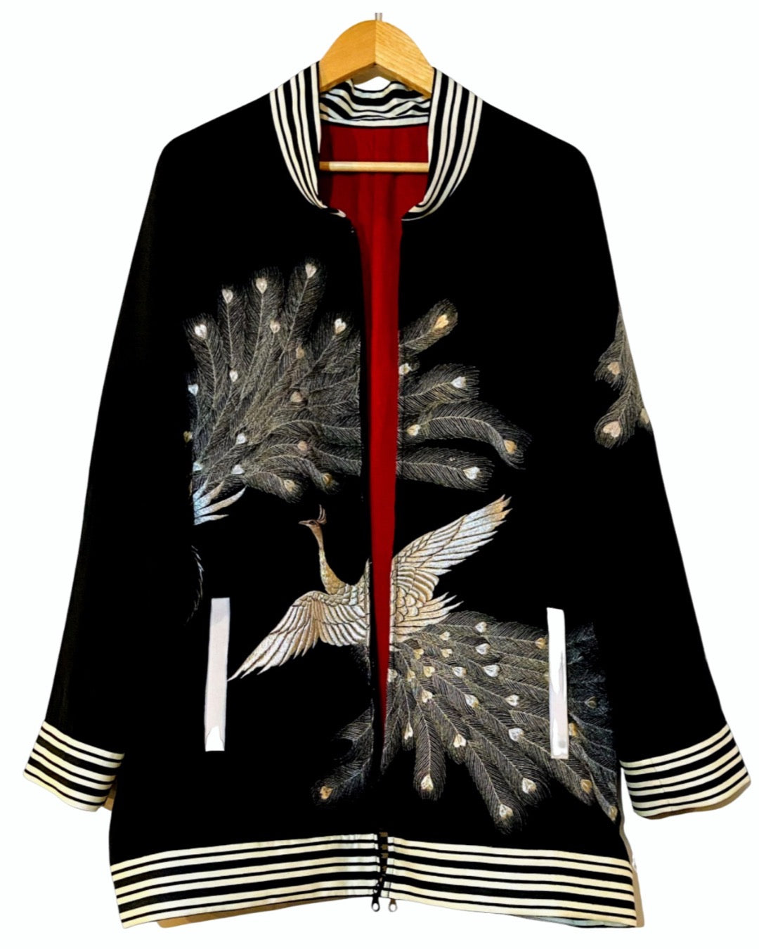 TATZU 黒留袖リメイク スカジャン ジャケット｜Silver Crane × Hidden Tiger Requiem / Remade Black Tomesode Kimono Japanese Embroidered Souvenir Jacket (Sukajan)