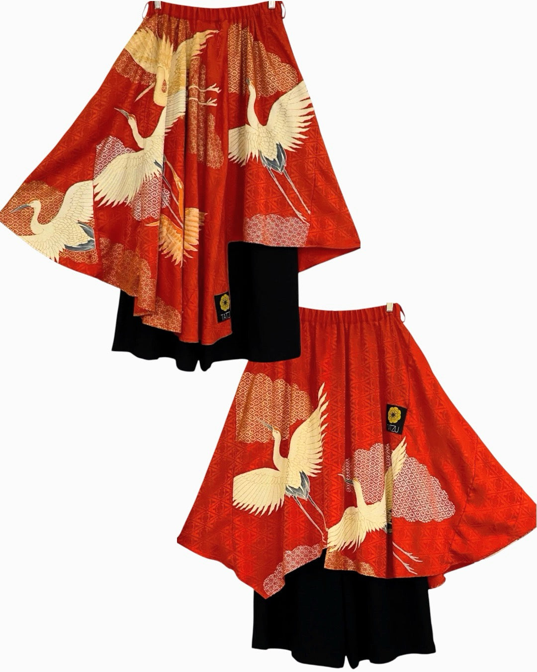 NEO SAMURAI Asymmetric Drape Skirt Pants | Vermilion × Cranes