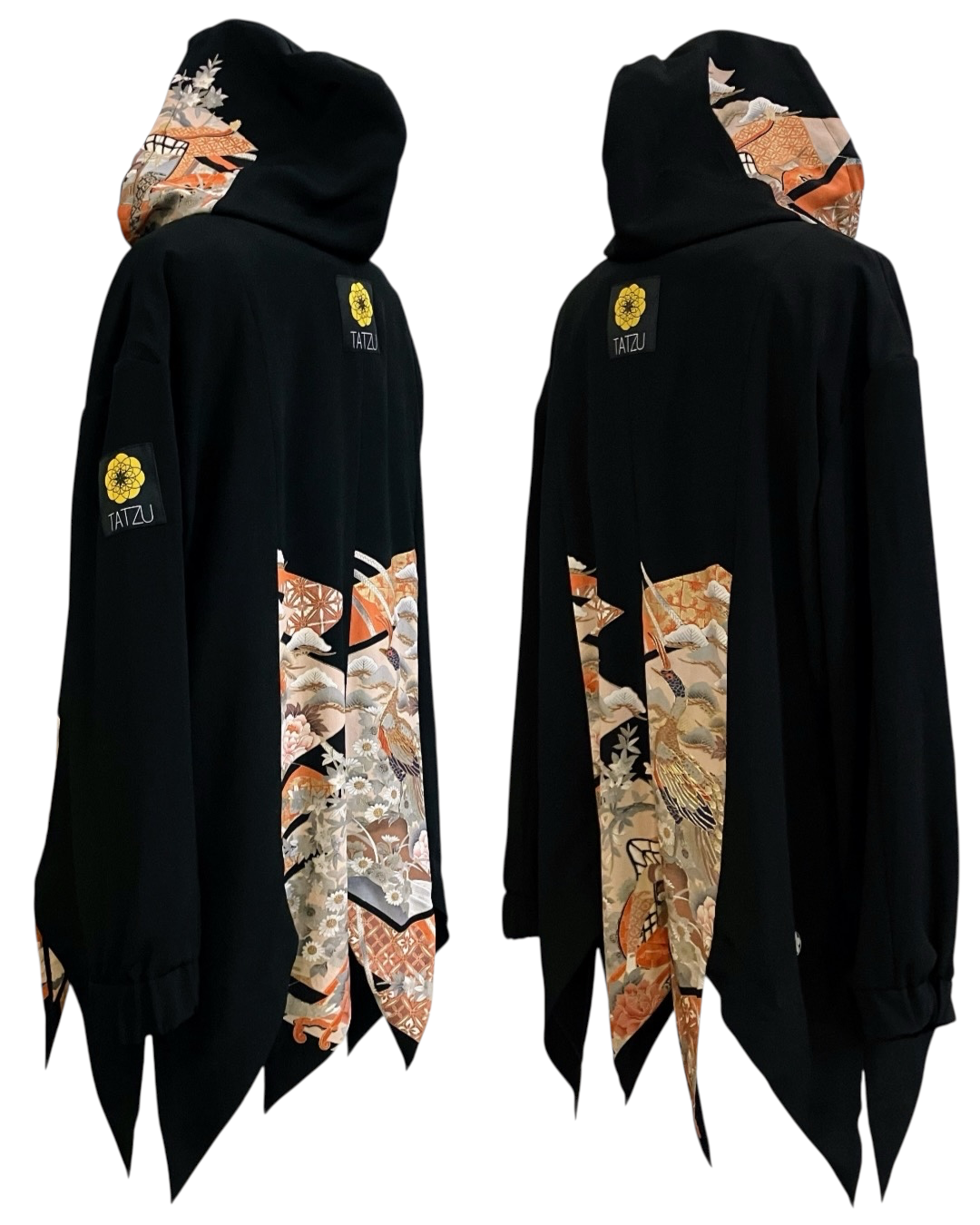 NEO SAMURAI アシンメトリー ハイネックフーディー｜鶴と牡丹　マネキン　横　フード着用