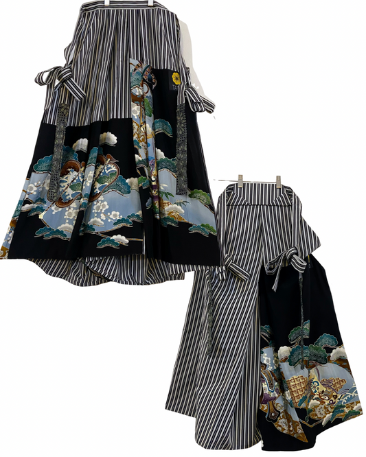TATZU 着物リメイク パッチワーク ストライプ袴 / Remade Kurotomesode Patchwork Stripe Hakama