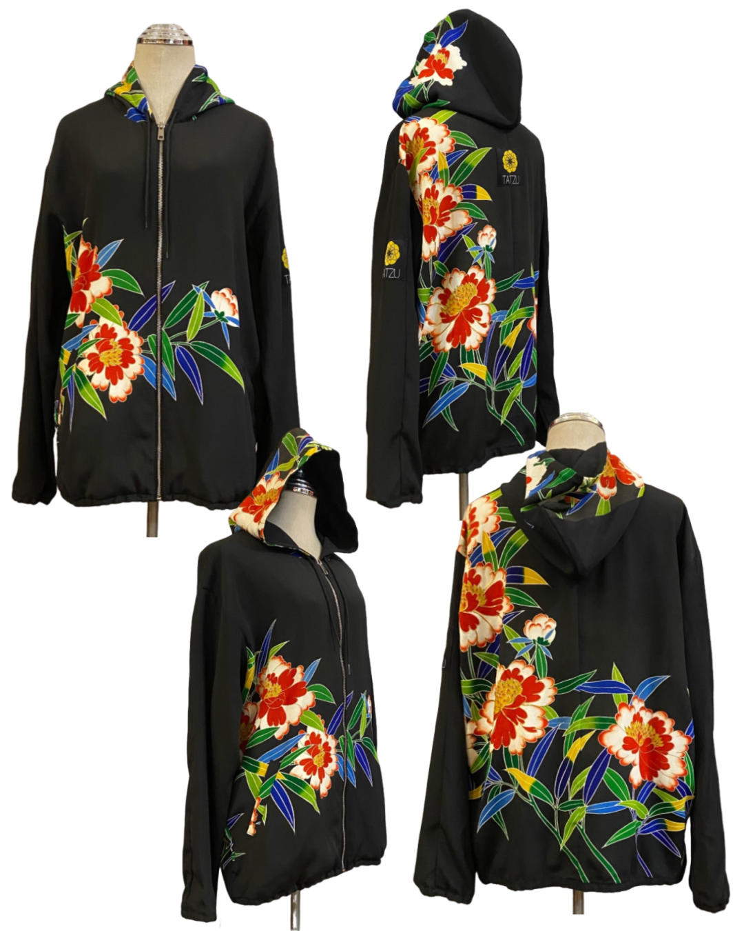 TATZU 黒留袖リメイク ジップパーカー｜Crimson Camellia Nocturne / Remade Black Tomesode Kimono Zipper Hoodie
