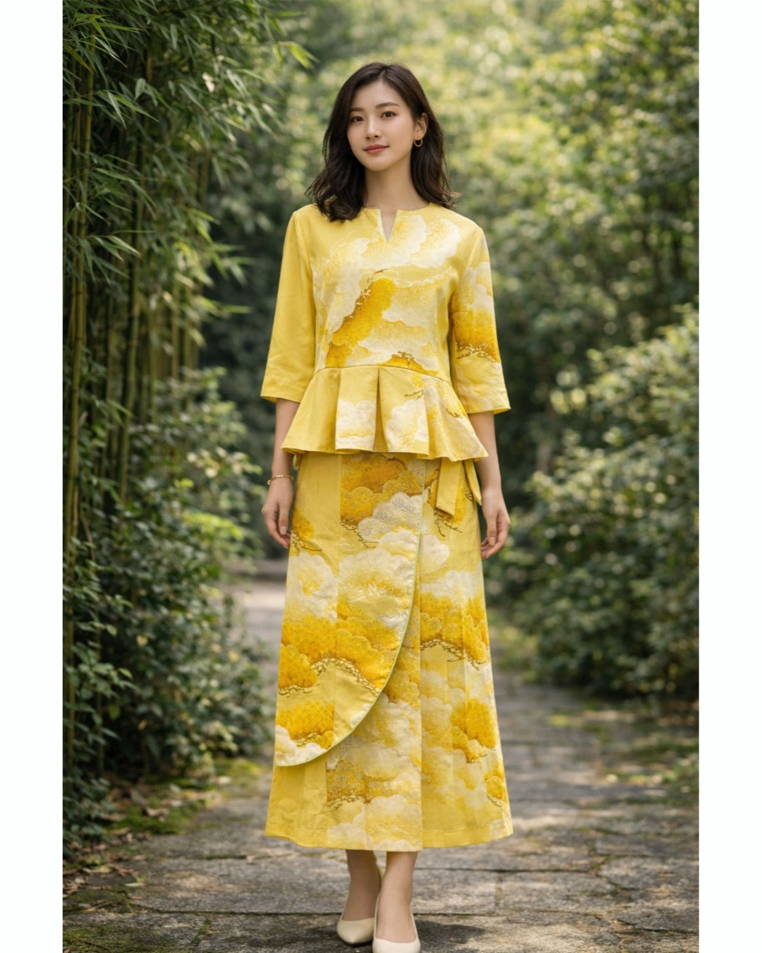 TATZU 着物リメイク セットアップ ペプラムトップス＆アシンメトリーラップスカート｜Golden Auspicious Pine / Remade Kimono Set-Up