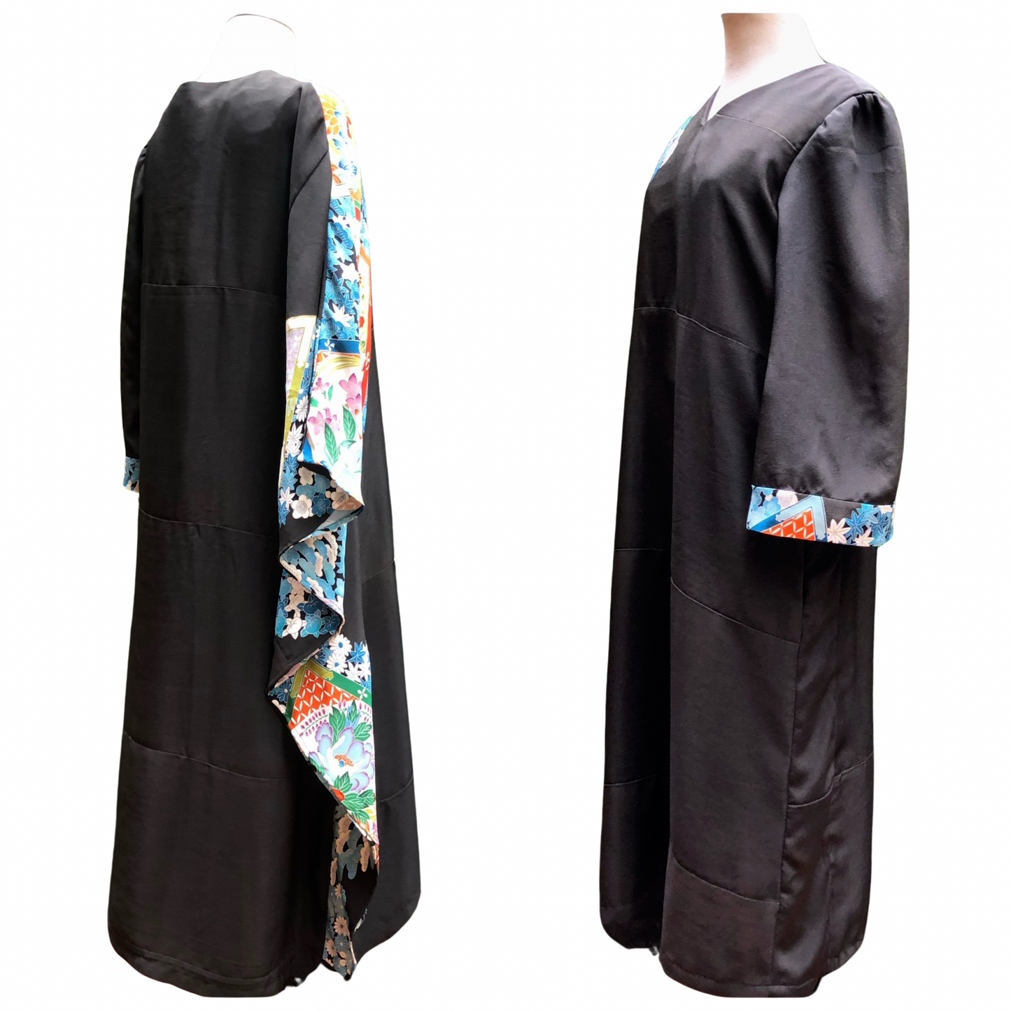 ドレープレイヤード ポンチョスリーブ ドレス

◎素材
表地：黒留袖　裏地：コットン

◎デザイン
・ドレープレイヤードシルエット　・Vネック　・右側ポンチョスリーブ　・左側長袖&カフ　・総裏

◎お手入れ
ドライクリーニングのみ