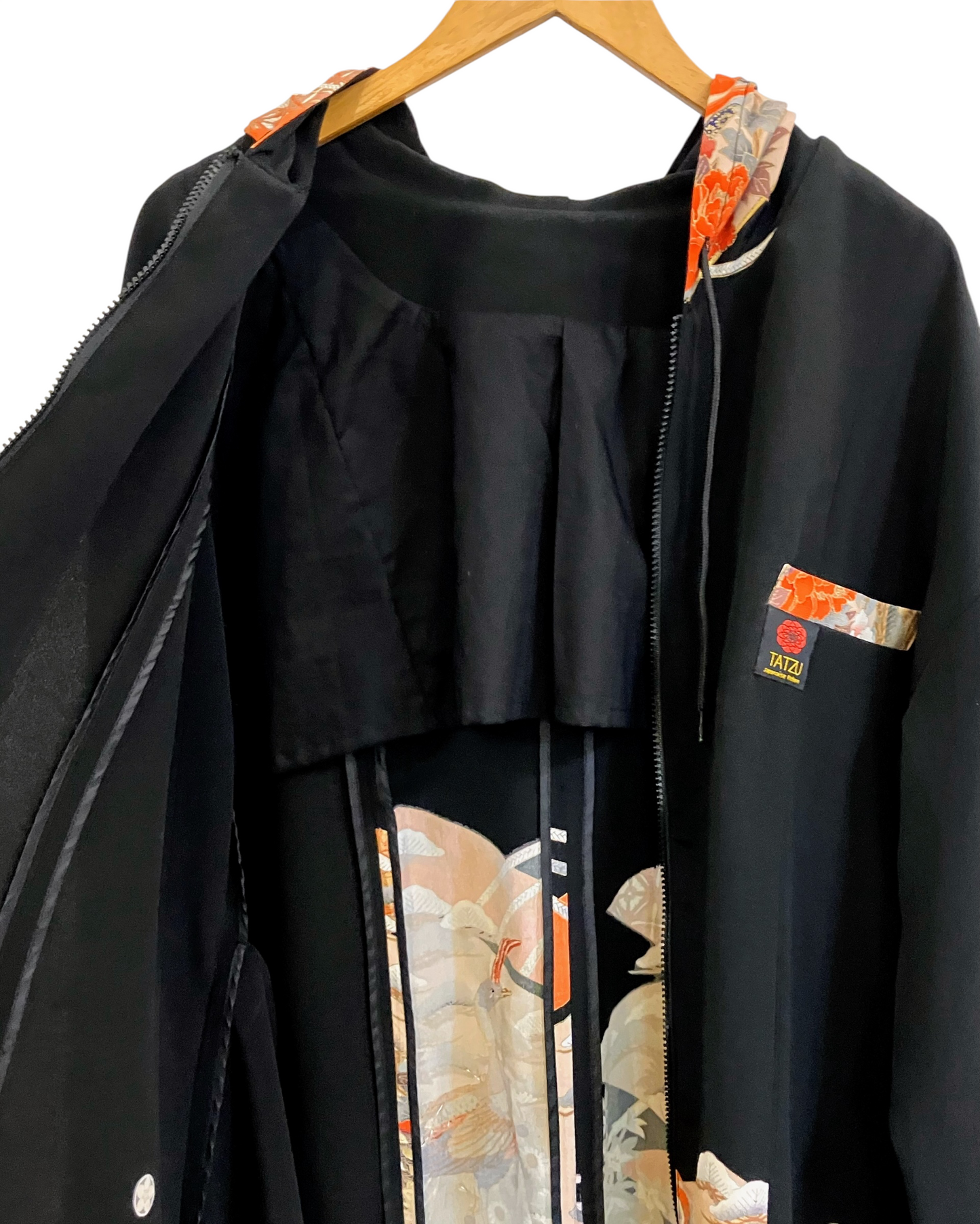NEO SAMURAI アシンメトリー ハイネックフーディー｜鶴と牡丹　裏地　ディテール