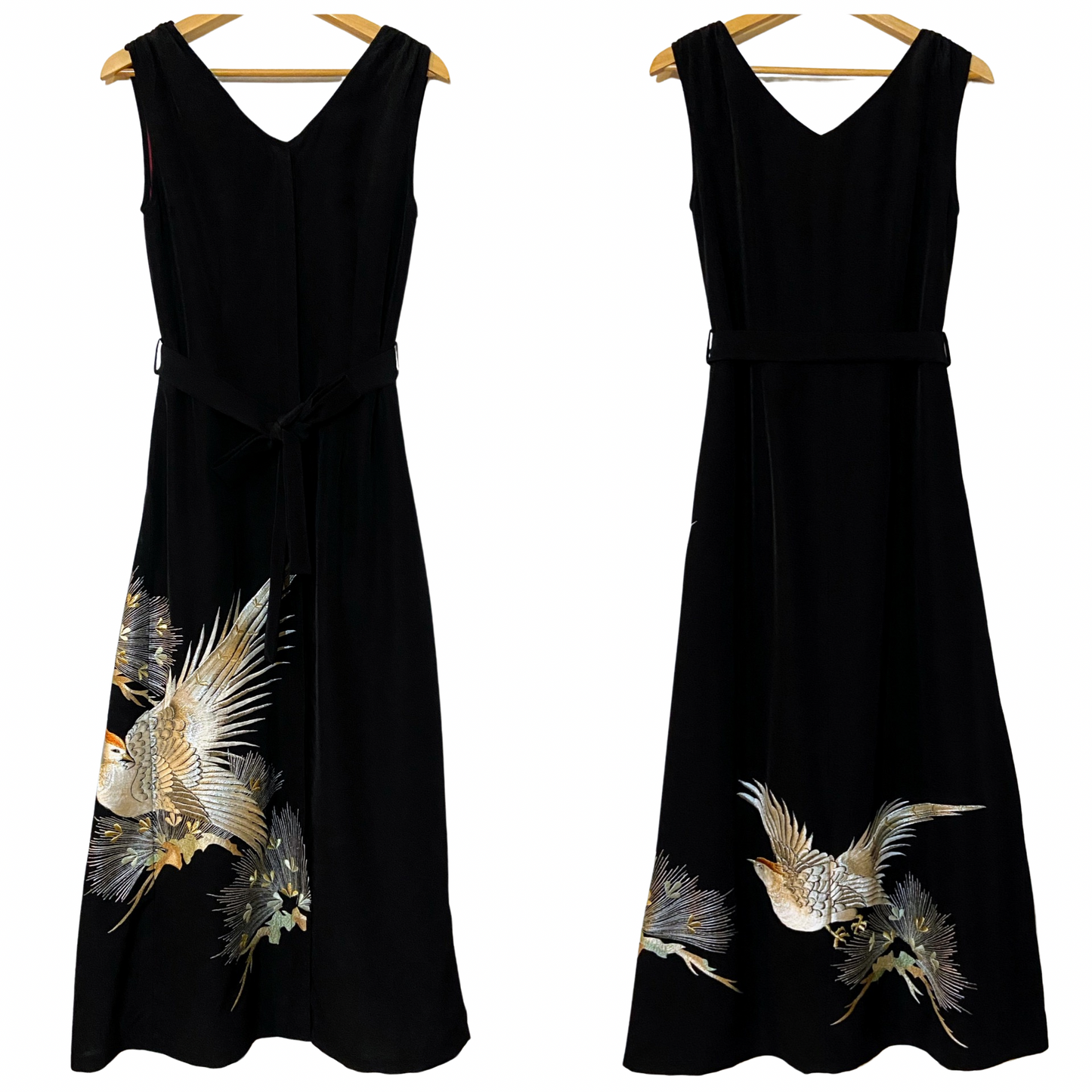 ノースリーブ フライフロントボタン ワンピース

◎素材
表地：黒留袖　裏地：コットン

◎デザイン
・Aライン　・Vネック　・胸ダーツ　・フロント 13ボタン　・フライフロント　・ノースリーブ　・両側フロントサイドポケット　・ベルトループ　・ベルト付　・総裏

◎お手入れ
ドライクリーニングのみ