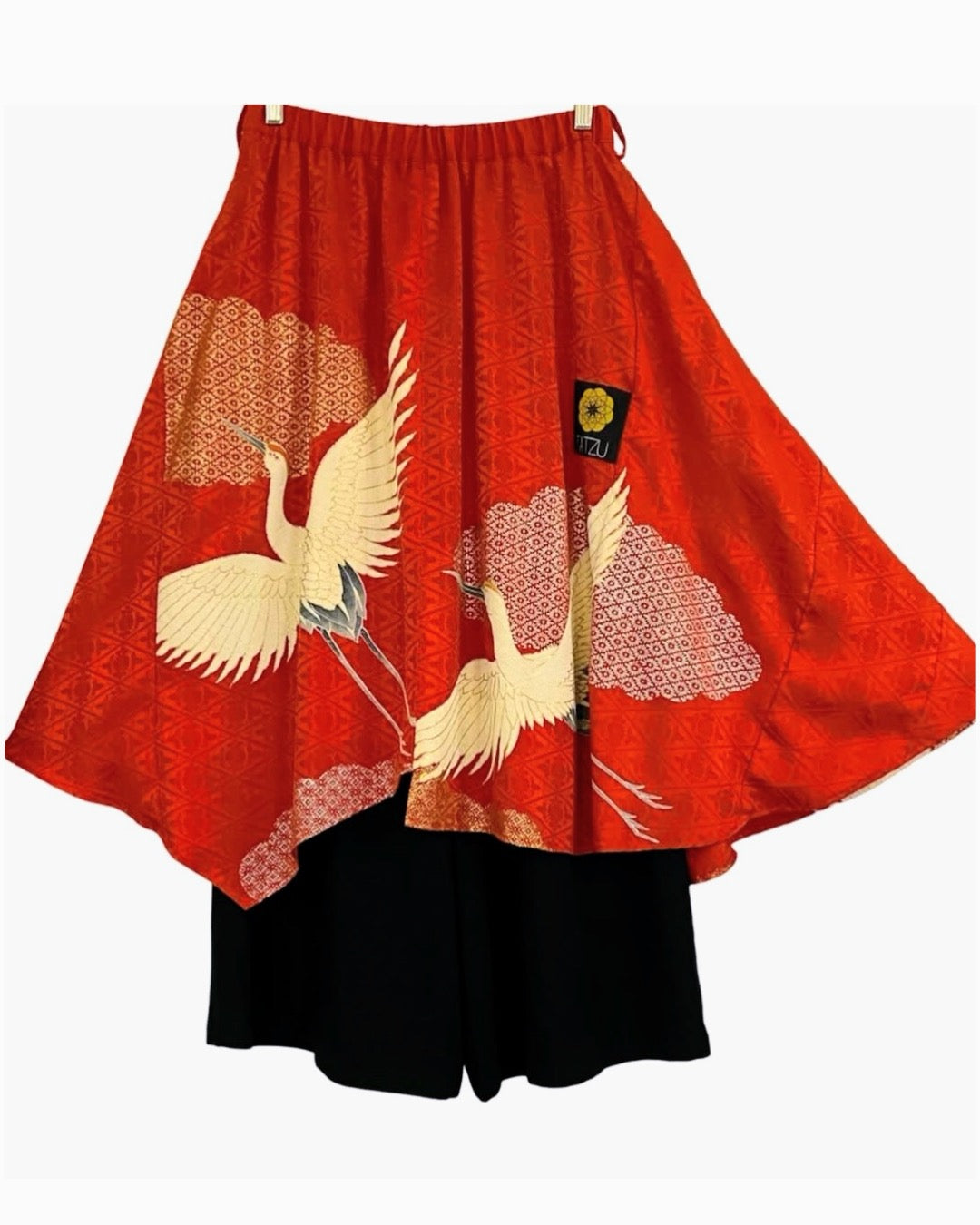 NEO SAMURAI Asymmetric Drape Skirt Pants | Vermilion × Cranes