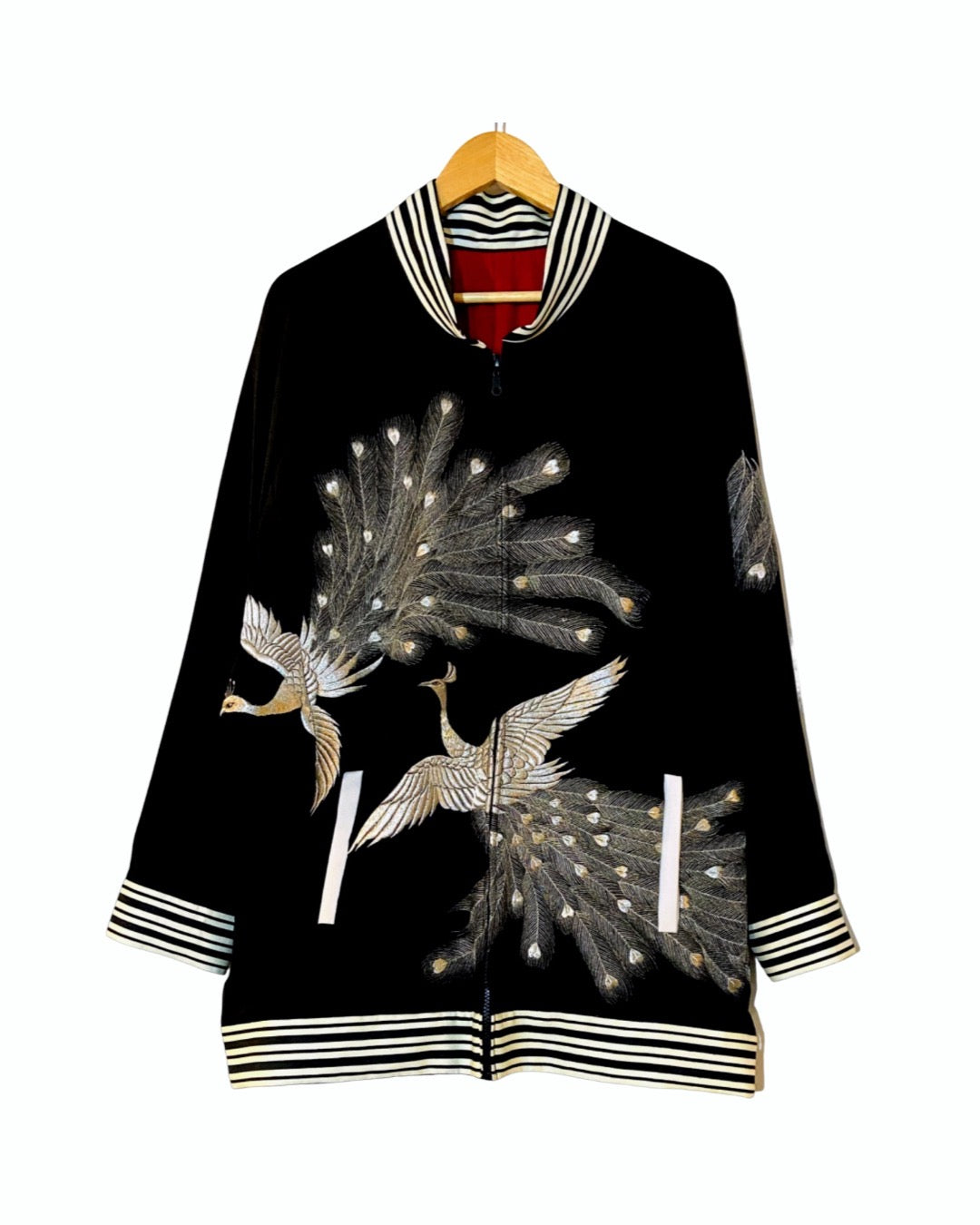 TATZU 黒留袖リメイク スカジャン ジャケット｜Silver Crane × Hidden Tiger Requiem / Remade Black Tomesode Kimono Japanese Embroidered Souvenir Jacket (Sukajan)