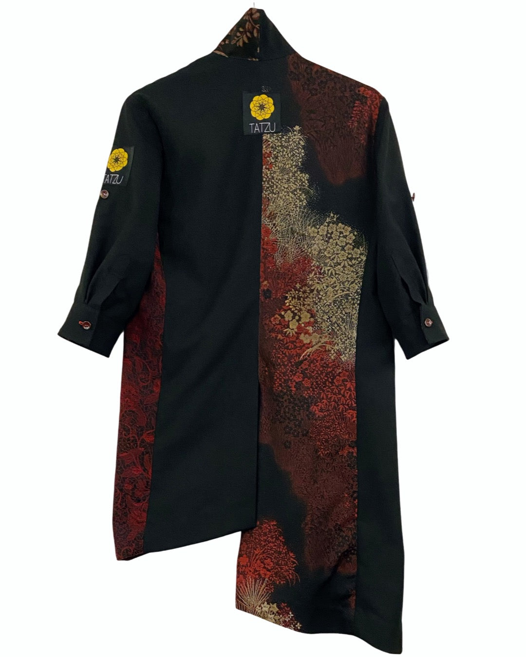 TATZU 着物リメイク スタンドカラー アシンメトリー バイカラー ロングジャケット｜Crimson Static Obsidian / Remade Kimono Stand Collar Asymmetry Bi-Color Long Jacket