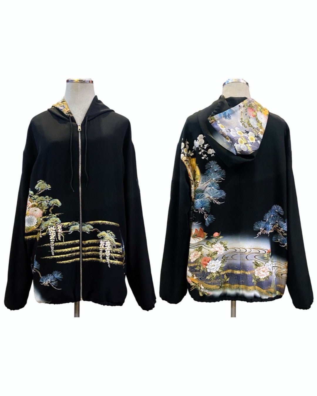 TATZU Remade Black Tomesode Kimono Zipper Hoodie｜Midnight Pine Reverie