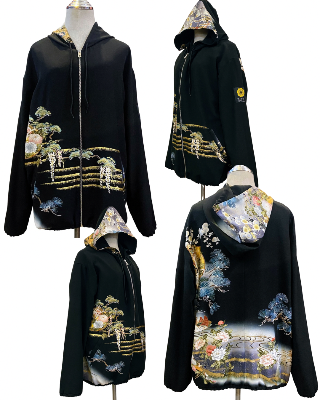 TATZU Remade Black Tomesode Kimono Zipper Hoodie｜Midnight Pine Reverie