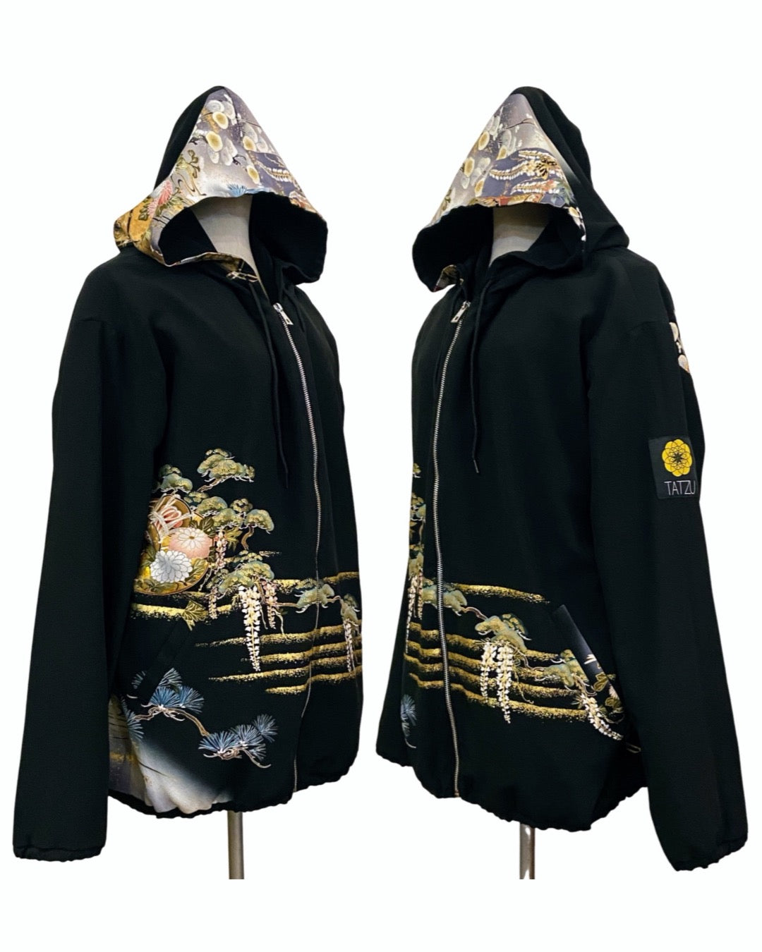 TATZU Remade Black Tomesode Kimono Zipper Hoodie｜Midnight Pine Reverie