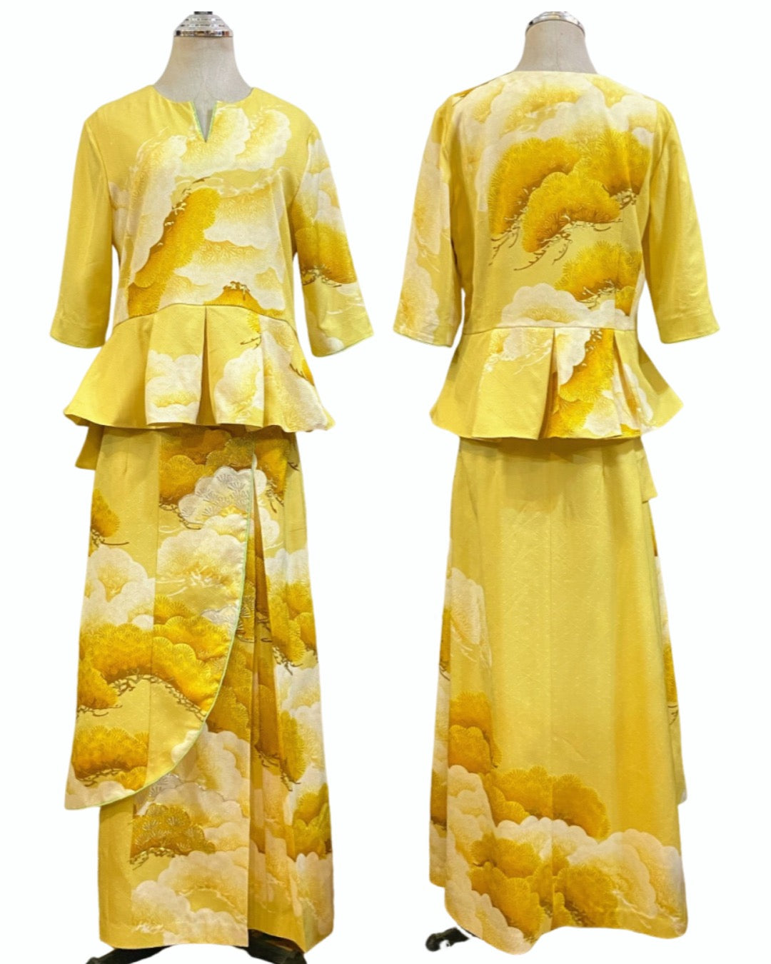 TATZU 着物リメイク セットアップ ペプラムトップス＆アシンメトリーラップスカート｜Golden Auspicious Pine / Remade Kimono Set-Up