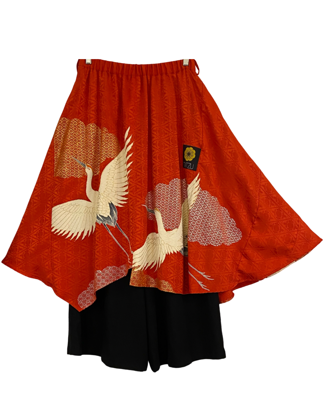 TATZU Remade Kimono Asymmetry Draped Layered Skirt with Inner Pants｜Vermilion Crane Cascade