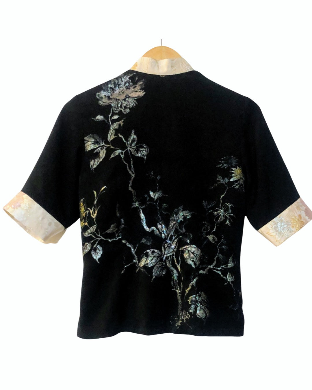 TATZU 着物リメイク スタンドカラー チャイニーズボタン シャツ｜Silver Nocturne Botanica / Remade Kimono Stand Collar Chinese Button Shirt