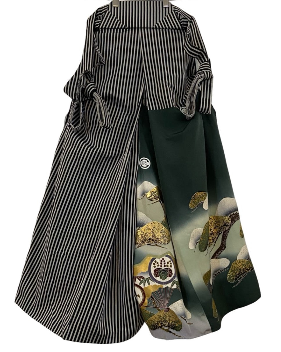 TATZU 着物リメイク パッチワーク ストライプ袴 / Remade Kurotomesode Patchwork Stripe Hakama