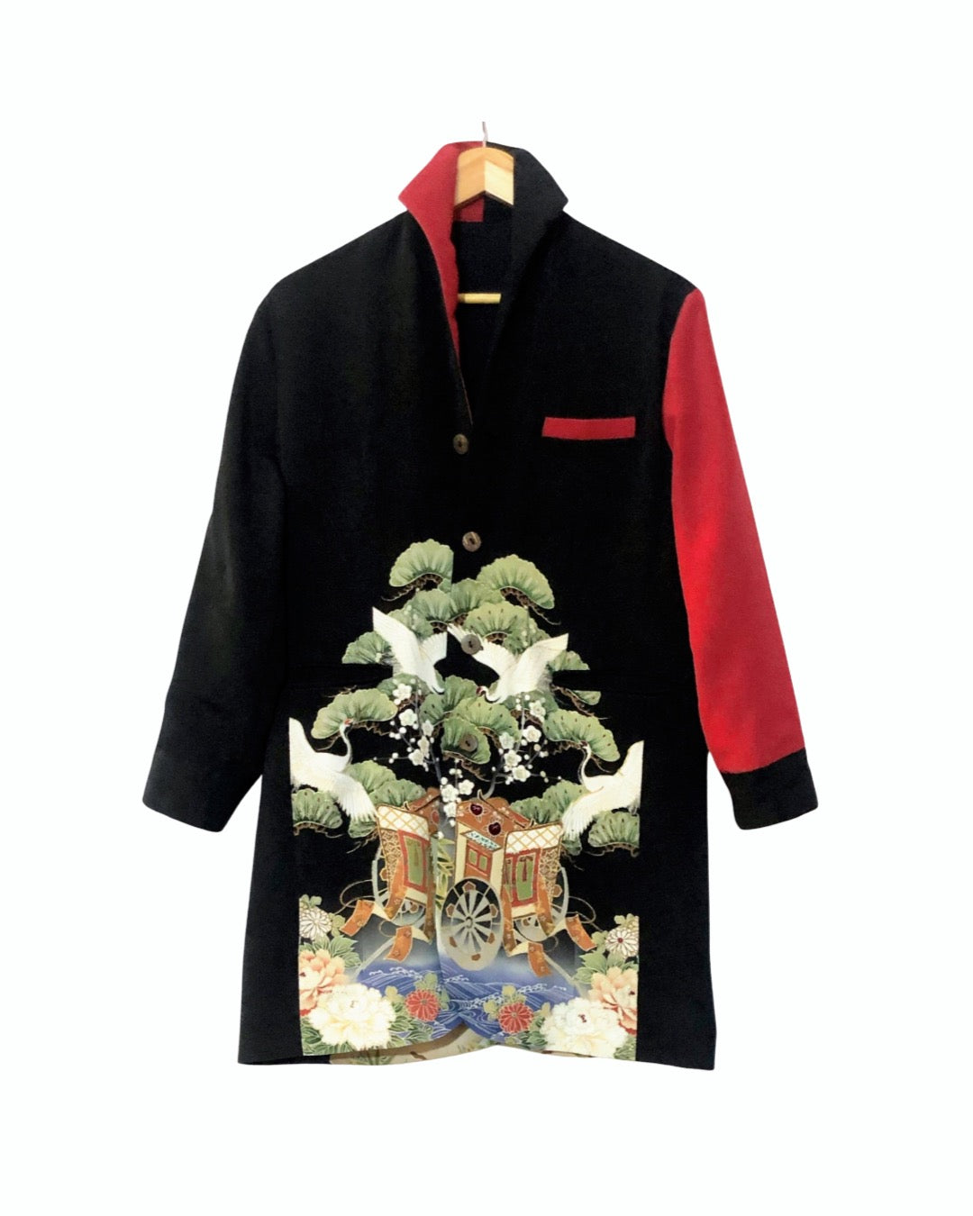TATZU Remade Black Tomesode Kimono Stand Collar Bi-color Jacket｜Regal Crane Carriage