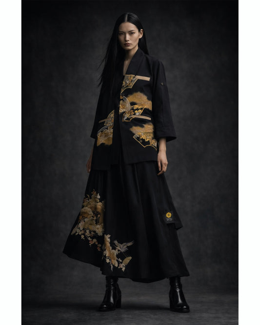 TATZU Remade Black Tomesode Kimono Stand Collar Asymmetry Long Jacket｜Golden Fan Horizon 