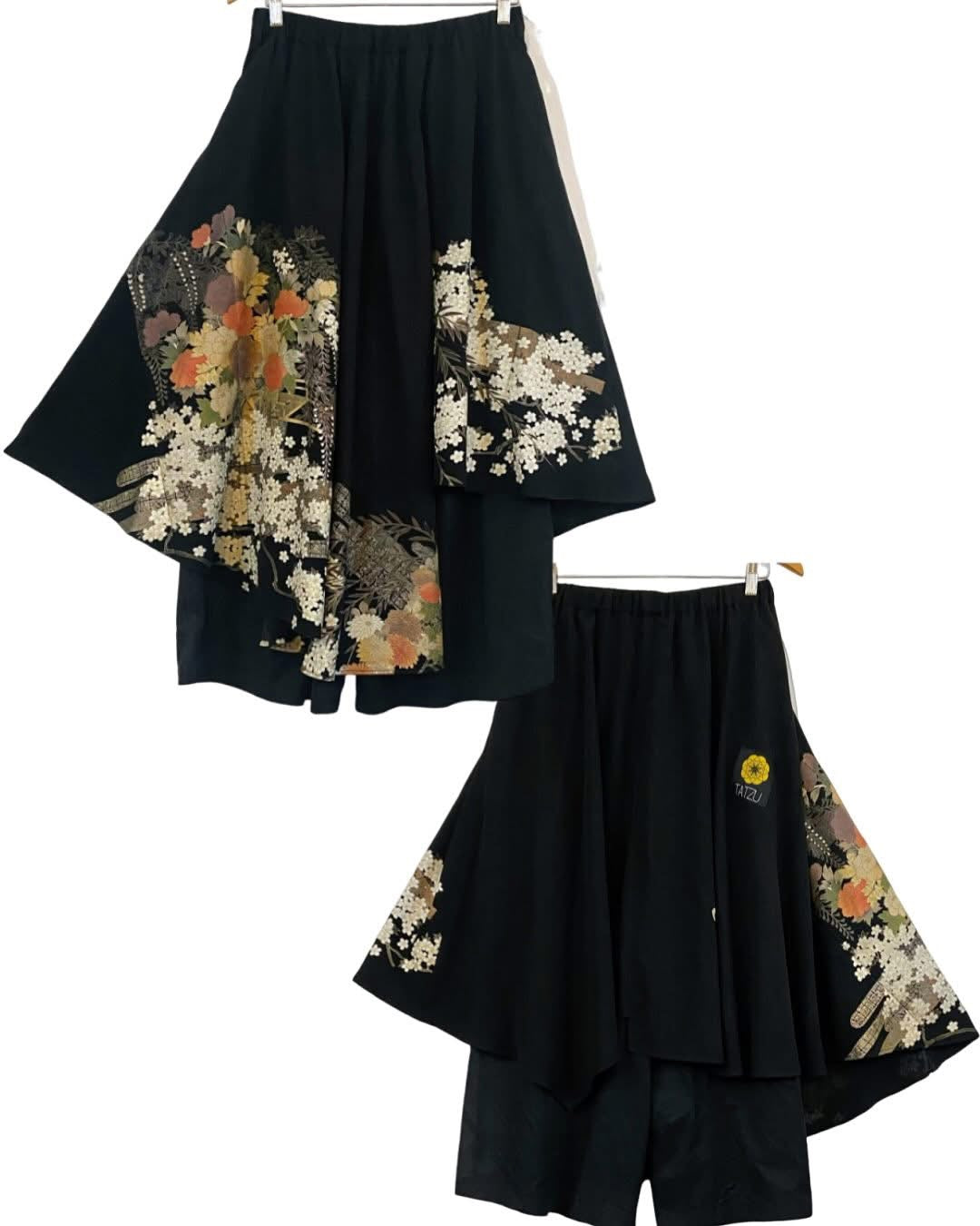 TATZU 黒留袖リメイク アシンメトリー ドレープレイヤード ワイドスカート インナーパンツ付  / Remade Kurotomesode Asymmetric Draped Layered Wide Skirt with Pants｜Made to Order