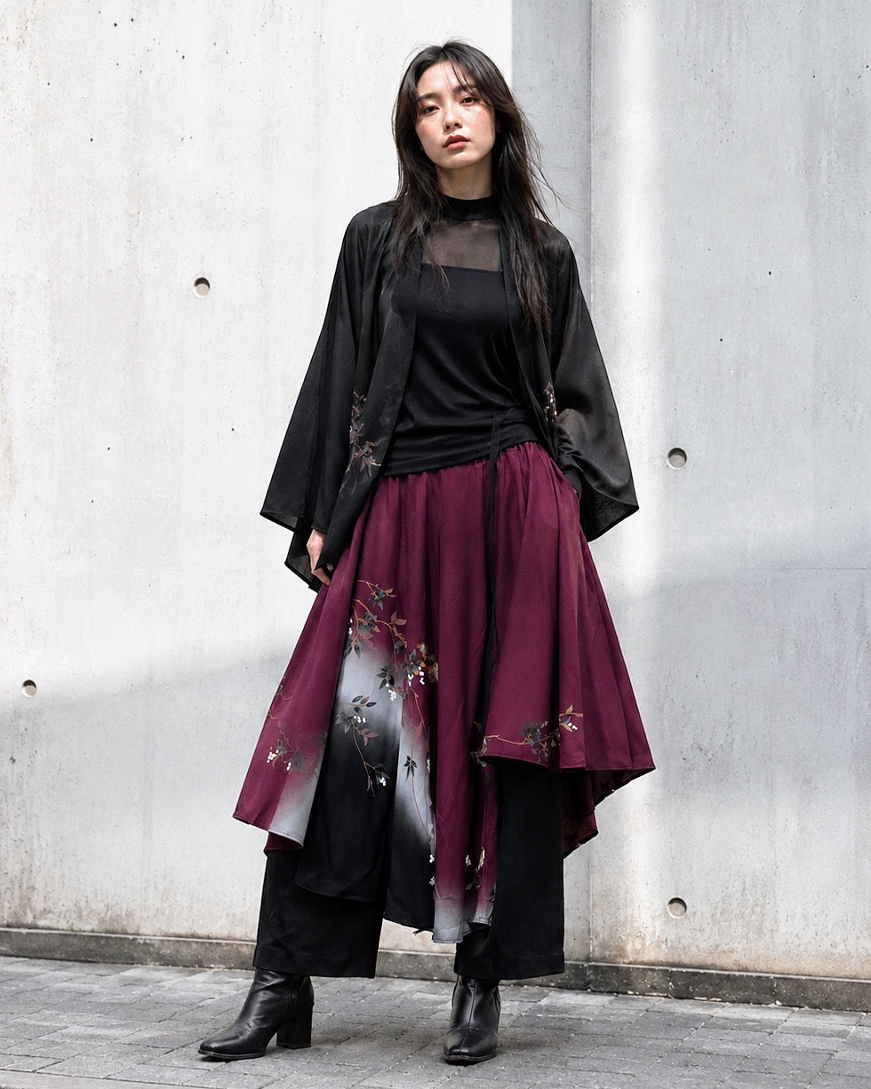 NEO SAMURAI アシンメトリー ドレープ スカートパンツ｜ワインブラック × 草花