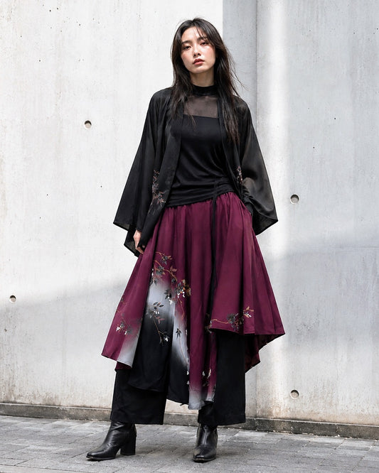 NEO SAMURAI Asymmetric Drape Skirt Pants | Wine Black × Florals