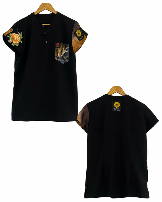 TATZU 着物リメイク ヘンリーネック Tシャツ / Remade Kimono Henry Neck TShirt