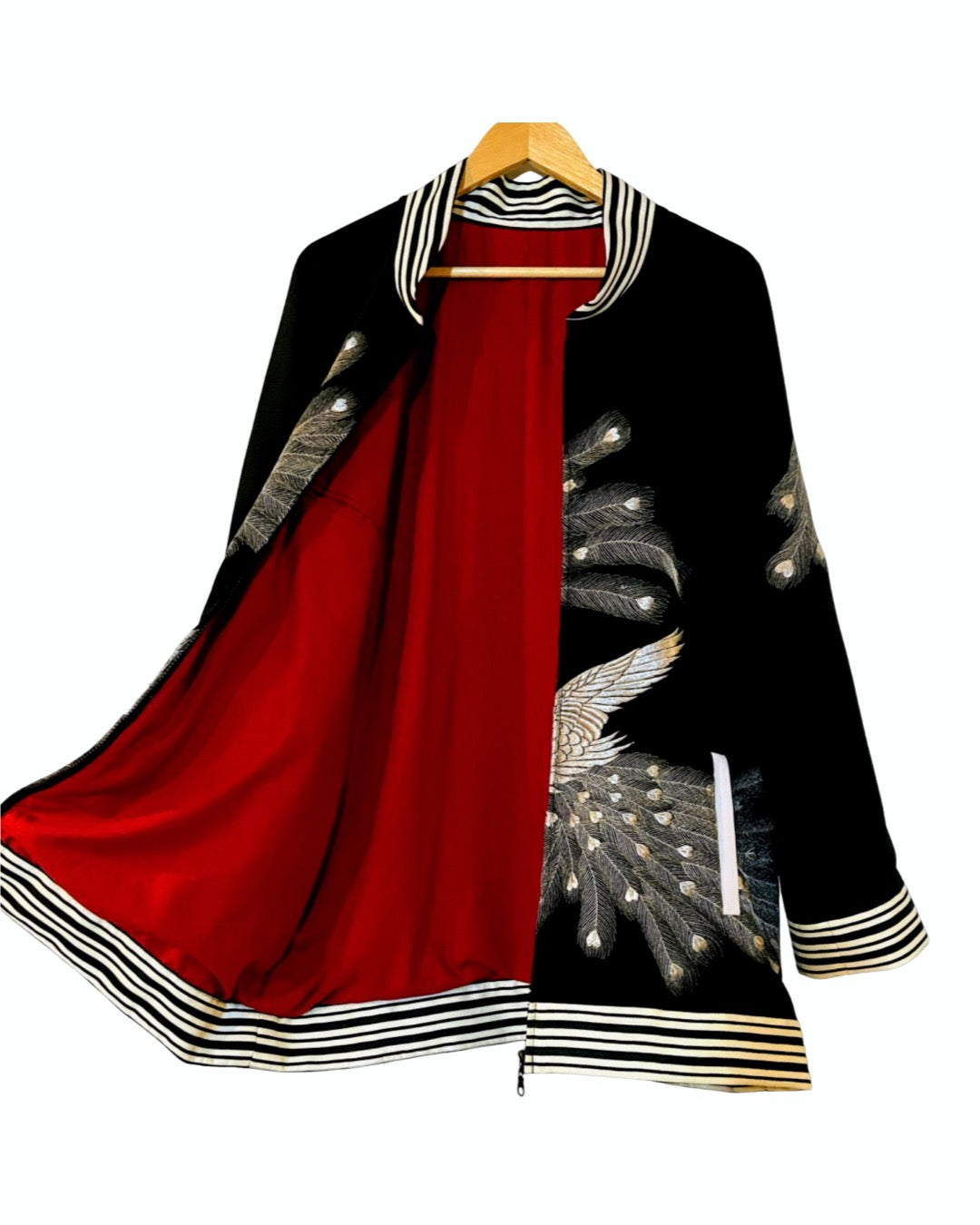 TATZU 黒留袖リメイク スカジャン ジャケット｜Silver Crane × Hidden Tiger Requiem / Remade Black Tomesode Kimono Japanese Embroidered Souvenir Jacket (Sukajan)