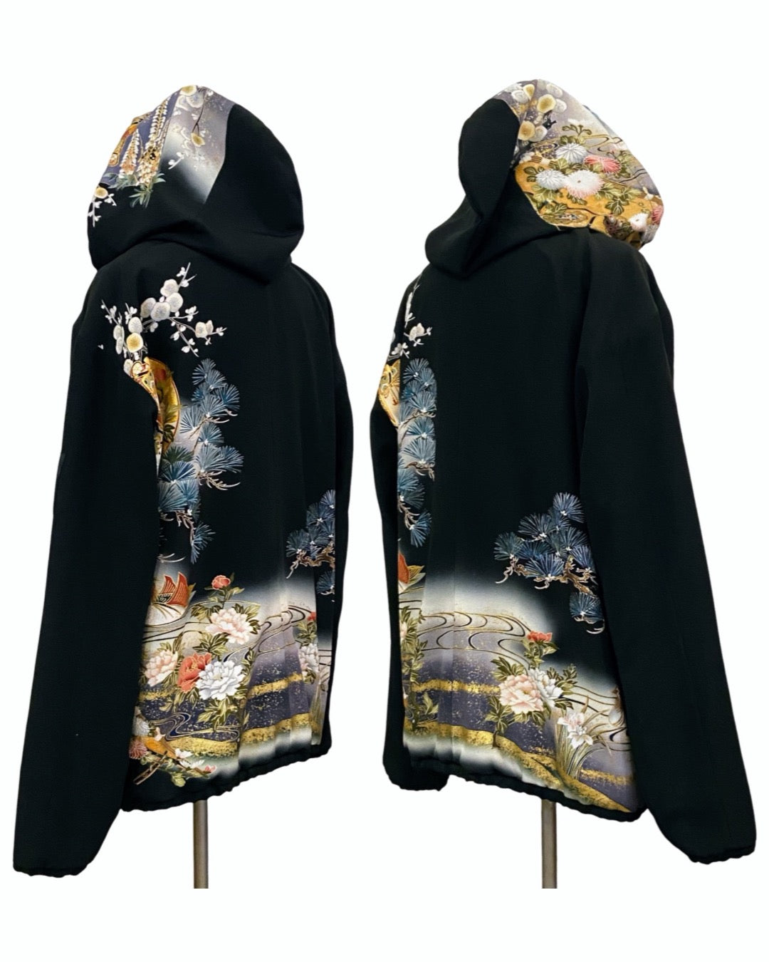 TATZU Remade Black Tomesode Kimono Zipper Hoodie｜Midnight Pine Reverie