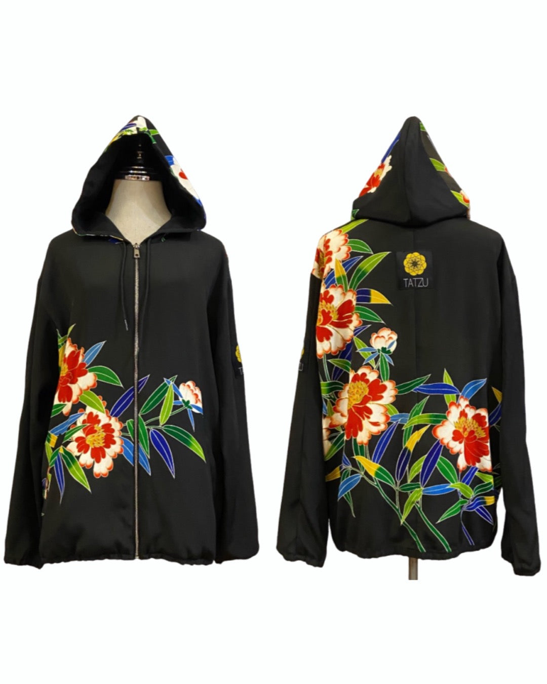 TATZU 黒留袖リメイク ジップパーカー｜Crimson Camellia Nocturne / Remade Black Tomesode Kimono Zipper Hoodie