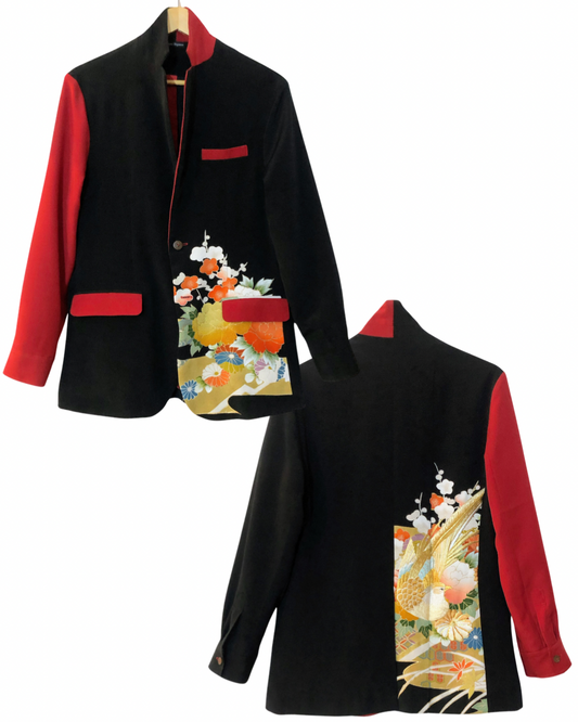 TATZU 黒留袖リメイク ノッチドラペル バイカラー ジャケット｜Scarlet Kurohana Contrast / Remade Black Tomesode Kimono Notch Lapel Collar Bi-color Jacket