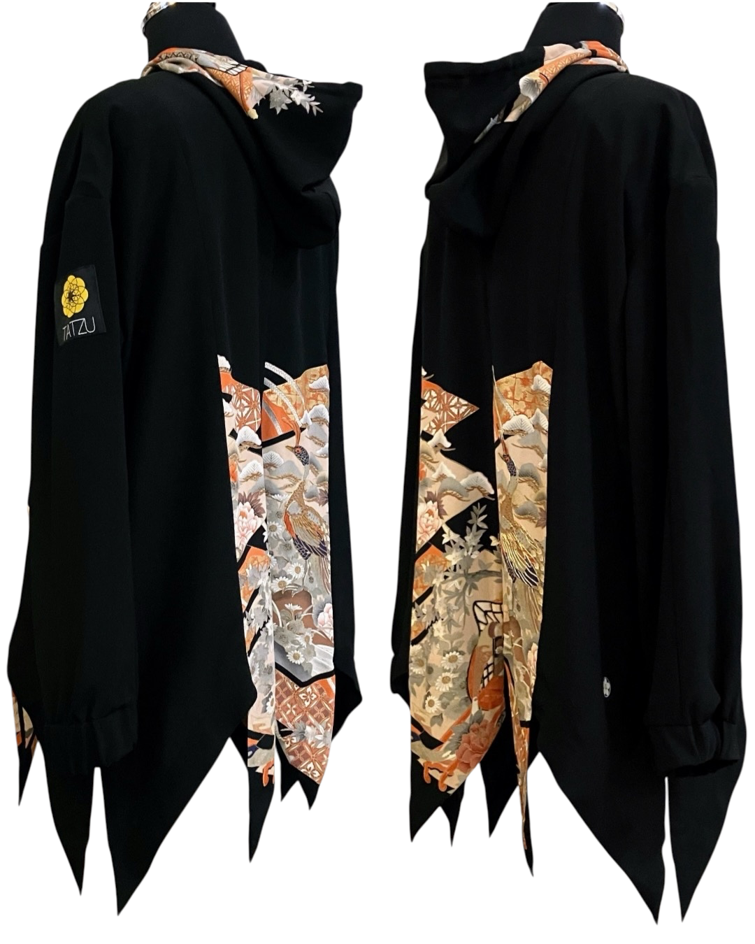 NEO SAMURAI アシンメトリー ハイネックフーディー｜鶴と牡丹　マネキン　横