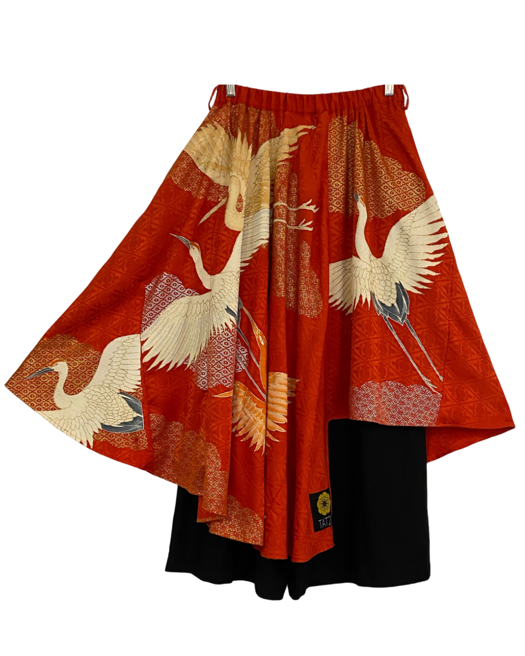 TATZU Remade Kimono Asymmetry Draped Layered Skirt with Inner Pants｜Vermilion Crane Cascade