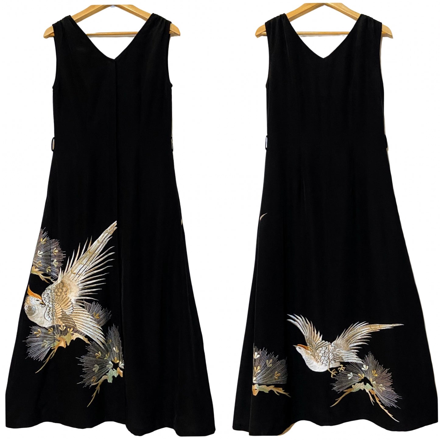 ノースリーブ フライフロントボタン ワンピース

◎素材
表地：黒留袖　裏地：コットン

◎デザイン
・Aライン　・Vネック　・胸ダーツ　・フロント 13ボタン　・フライフロント　・ノースリーブ　・両側フロントサイドポケット　・ベルトループ　・ベルト付　・総裏

◎お手入れ
ドライクリーニングのみ