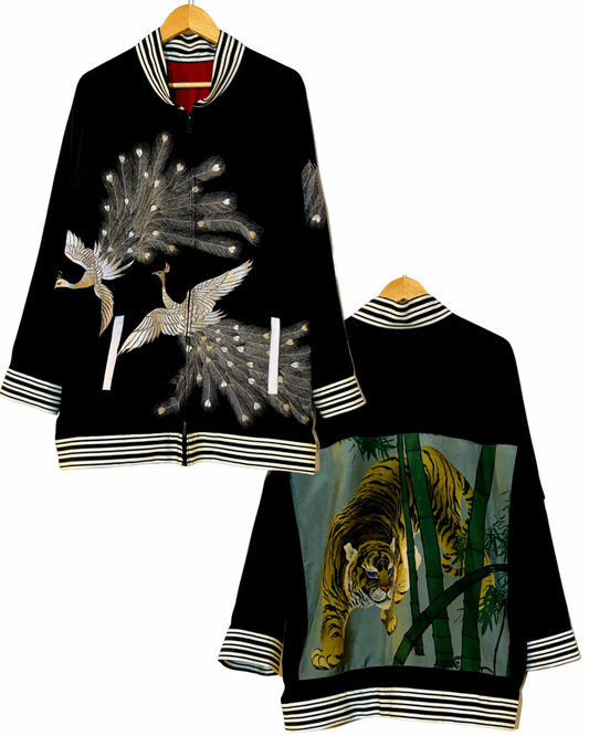TATZU Remade Black Tomesode Kimono Japanese Embroidered Souvenir Jacket (Sukajan)｜Silver Crane × Hidden Tiger Requiem