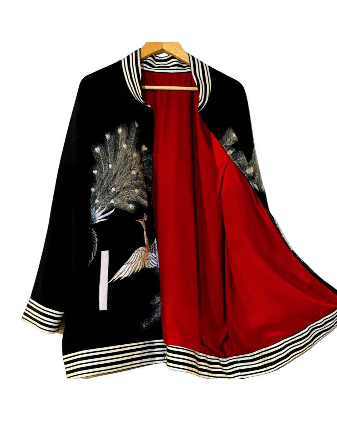 TATZU 黒留袖リメイク スカジャン ジャケット｜Silver Crane × Hidden Tiger Requiem / Remade Black Tomesode Kimono Japanese Embroidered Souvenir Jacket (Sukajan)
