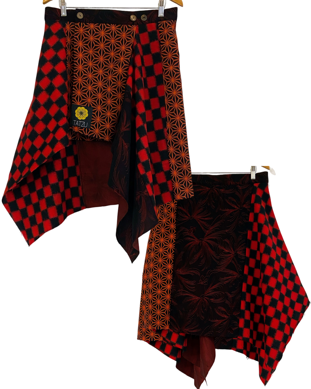 TATZU 着物リメイク アシンメトリー レイヤード 巻きスカート｜Crimson Check Rebellion / Remade Kimono Asymmetry Layered Wrap Skirt