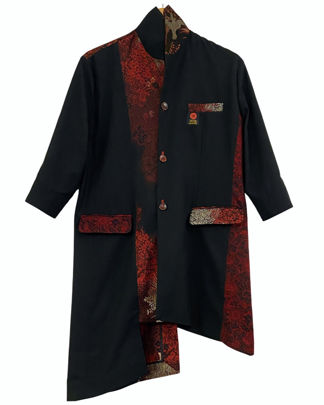 TATZU 着物リメイク スタンドカラー アシンメトリー バイカラー ロングジャケット｜Crimson Static Obsidian / Remade Kimono Stand Collar Asymmetry Bi-Color Long Jacket