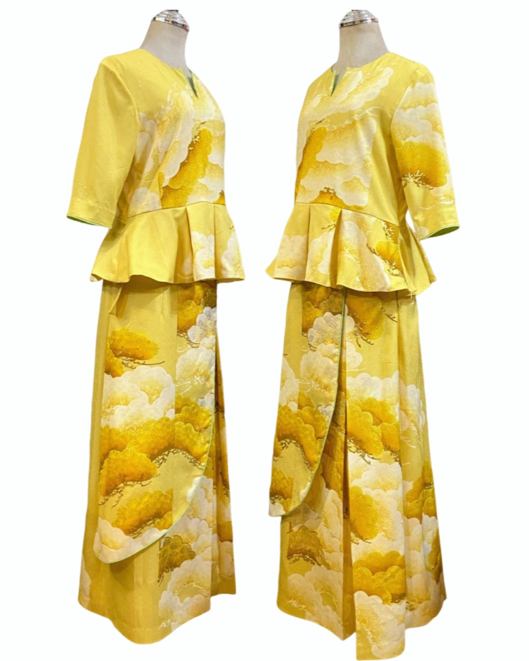TATZU 着物リメイク セットアップ ペプラムトップス＆アシンメトリーラップスカート｜Golden Auspicious Pine / Remade Kimono Set-Up