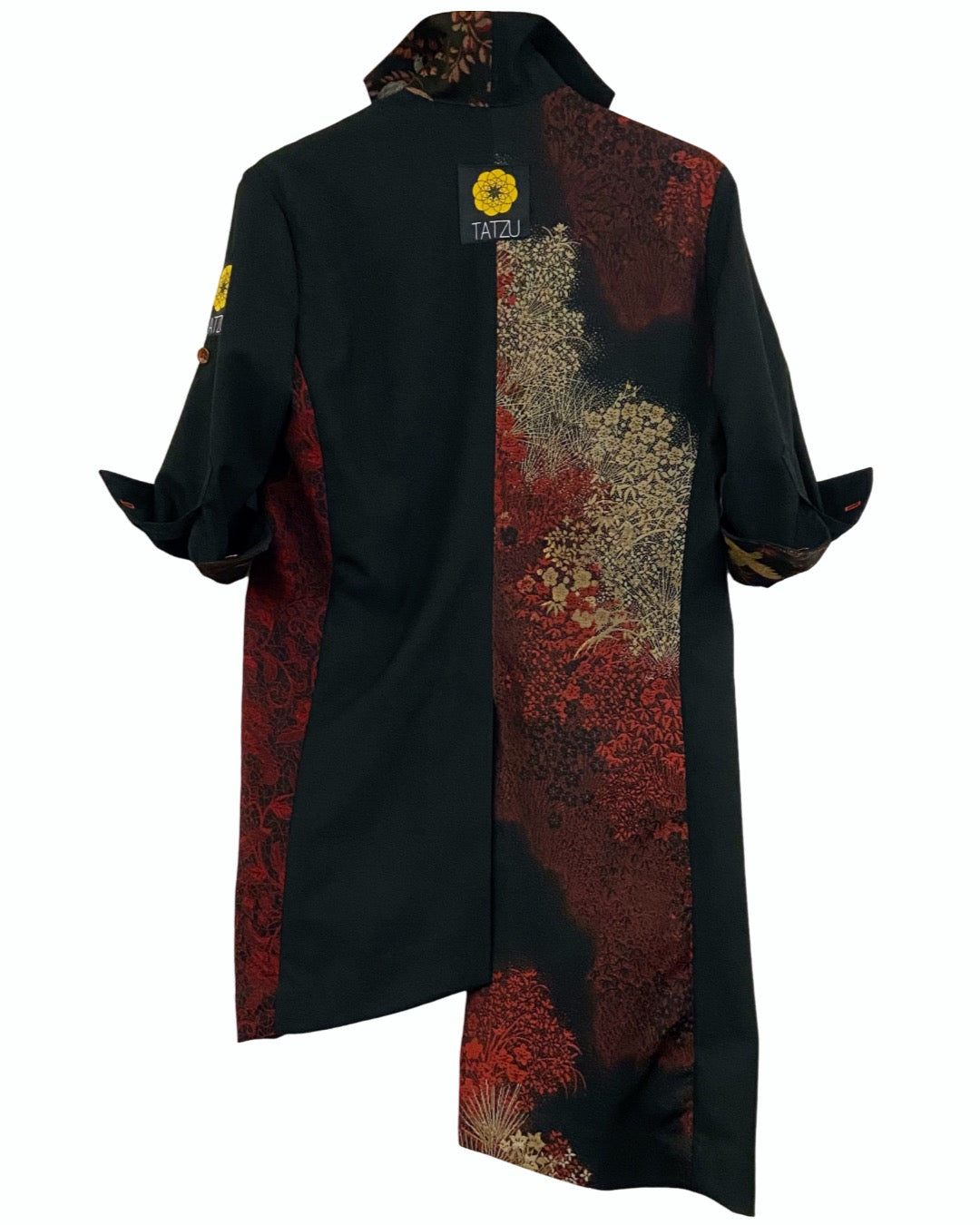 TATZU 着物リメイク スタンドカラー アシンメトリー バイカラー ロングジャケット｜Crimson Static Obsidian / Remade Kimono Stand Collar Asymmetry Bi-Color Long Jacket