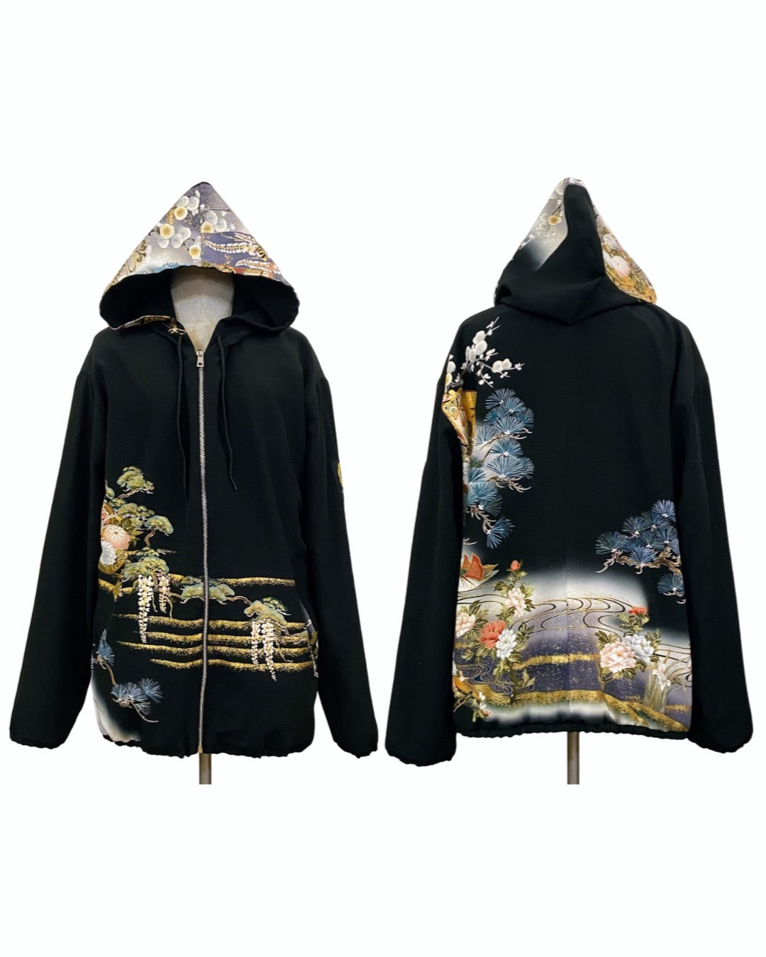 TATZU Remade Black Tomesode Kimono Zipper Hoodie｜Midnight Pine Reverie