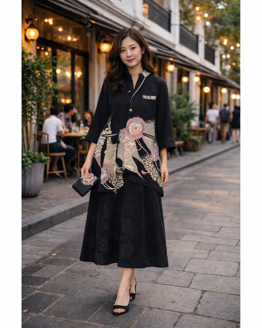 TATZU Remade Black Tomesode Kimono Stand Collar Asymmetry Long Jacket｜Velvet Bloom Obsidian