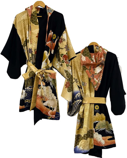 TATZU 黒留袖リメイク スタンドカラー アシンメトリー ガウンパーカー / Remade Kurotomesode Gown Hoodie