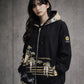 TATZU Remade Black Tomesode Kimono Zipper Hoodie｜Midnight Pine Reverie