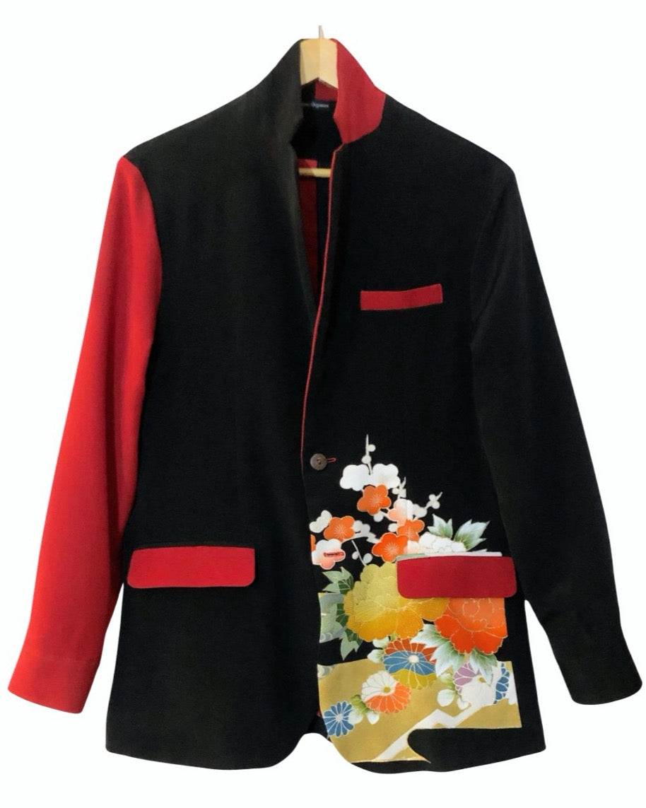 TATZU Remade Black Tomesode Kimono Notch Lapel Collar Bi-color Jacket｜Scarlet Kurohana Contrast