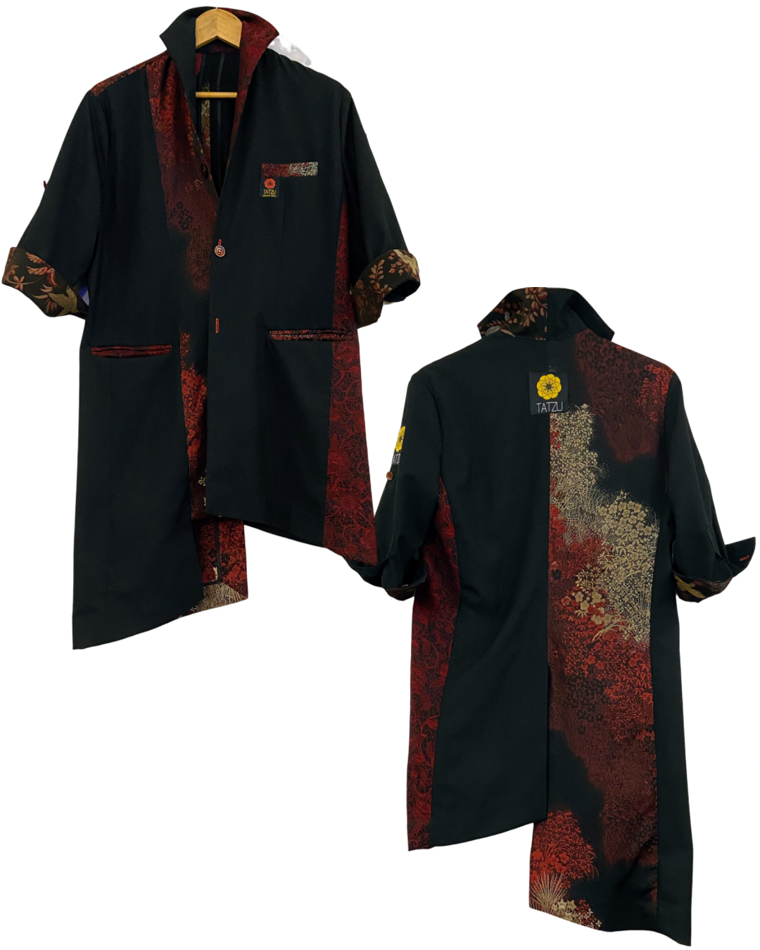 TATZU 着物リメイク スタンドカラー アシンメトリー バイカラー ロングジャケット｜Crimson Static Obsidian / Remade Kimono Stand Collar Asymmetry Bi-Color Long Jacket